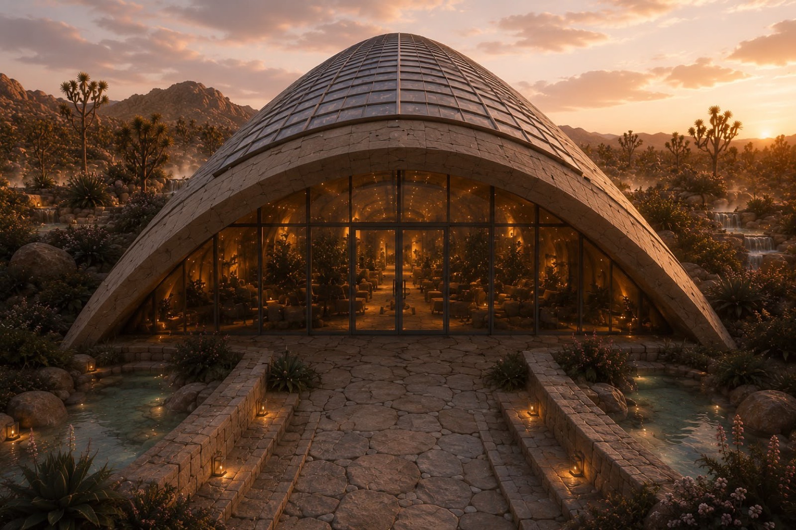Concept render: the glass hall entrance at dusk, warm light spilling onto a stone path between soaking pools.
