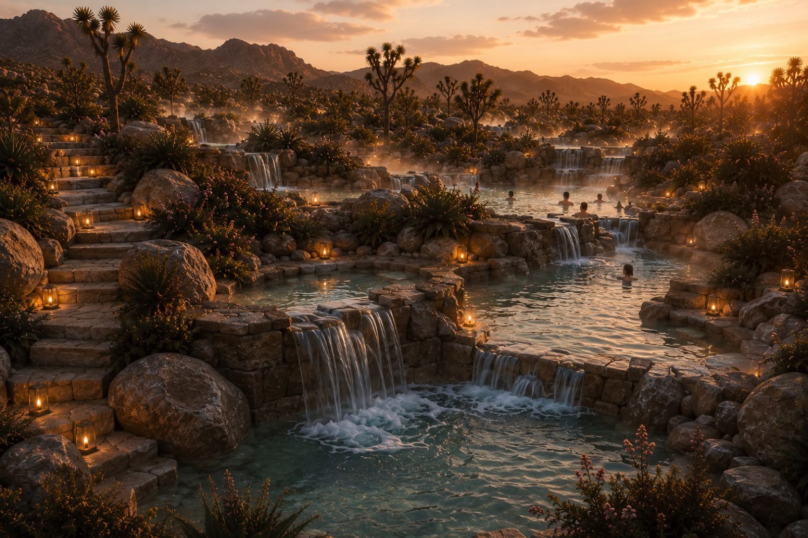 Concept render: bathers soaking in steaming terraced pools at desert sunset, waterfalls spilling between stone tiers.