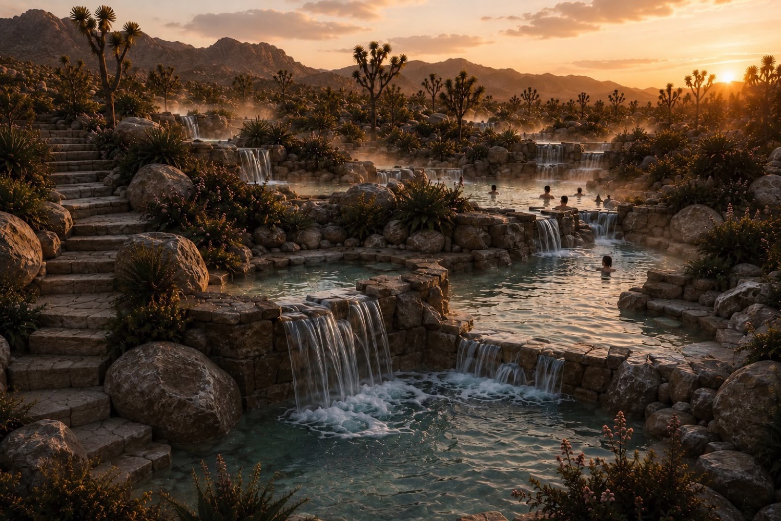 Concept render: lantern-lit stone stairs descending through cascading thermal pools at sunset, Joshua trees and desert mountains beyond.