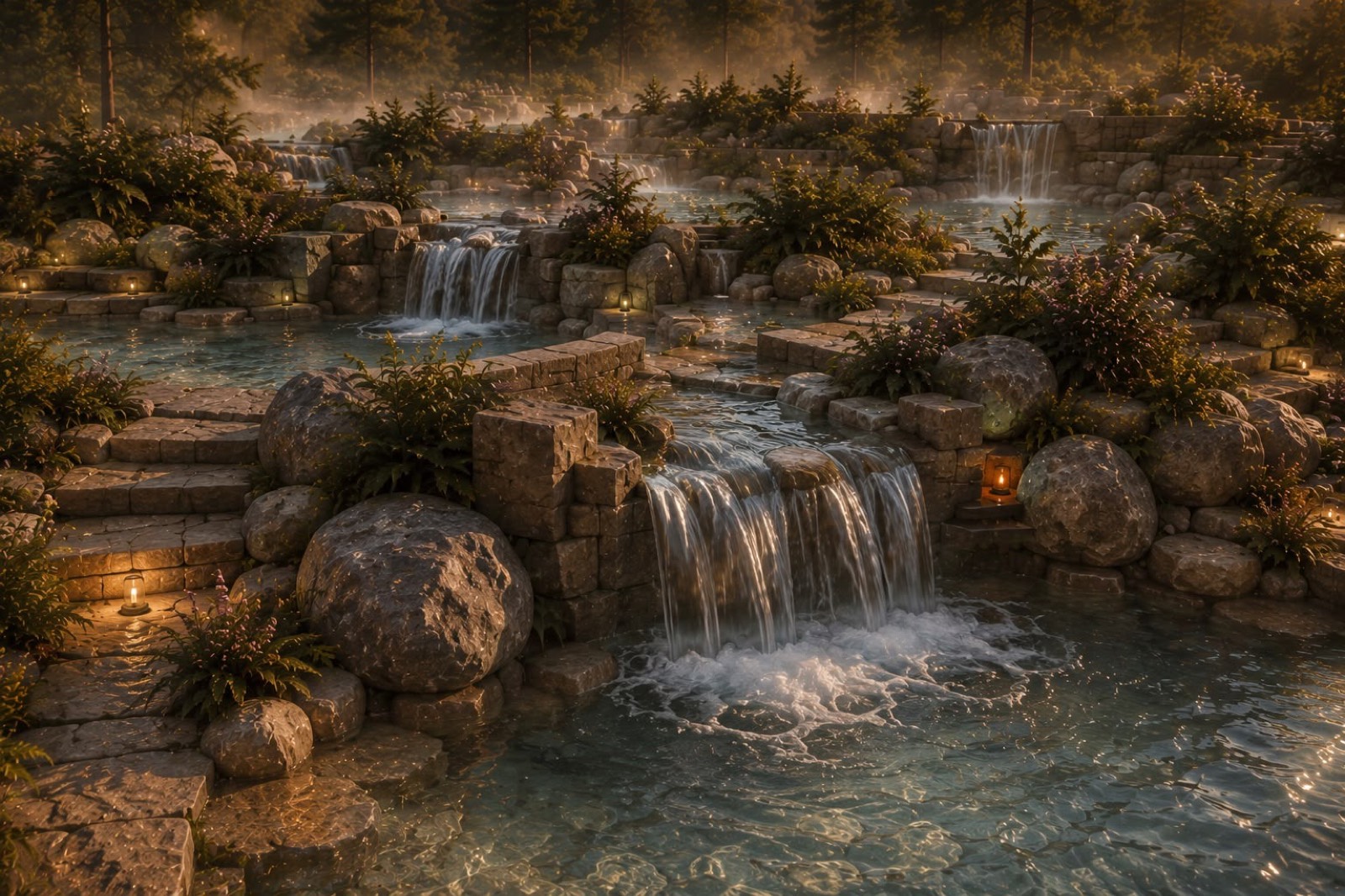 Concept render: warm water cascading between stone pools through misty forest gardens.