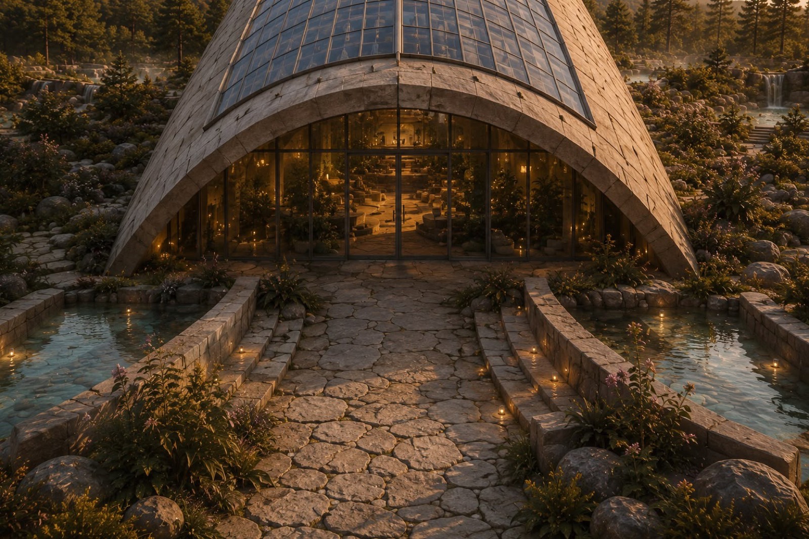 Concept render: the forest campus entry, stone steps and pools flanking the glowing glass hall.