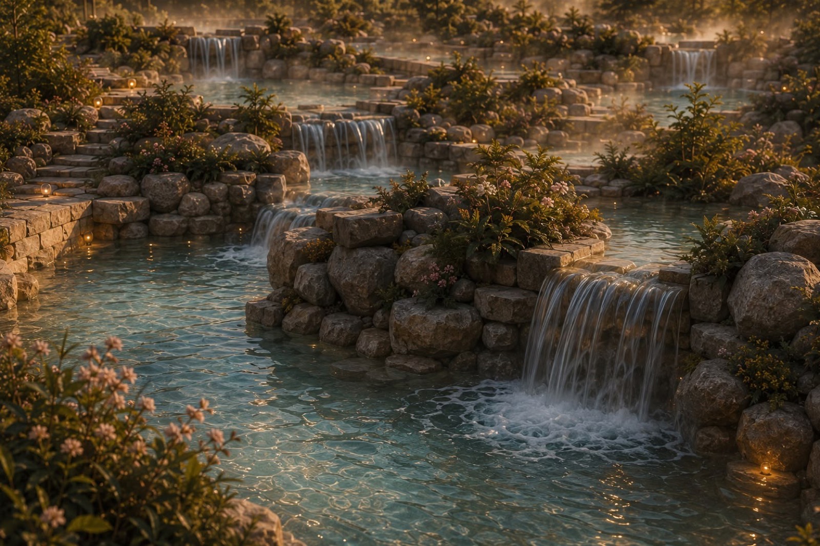 Concept render: a turquoise mineral pool with a small waterfall, wildflowers and lanterns at its edge.
