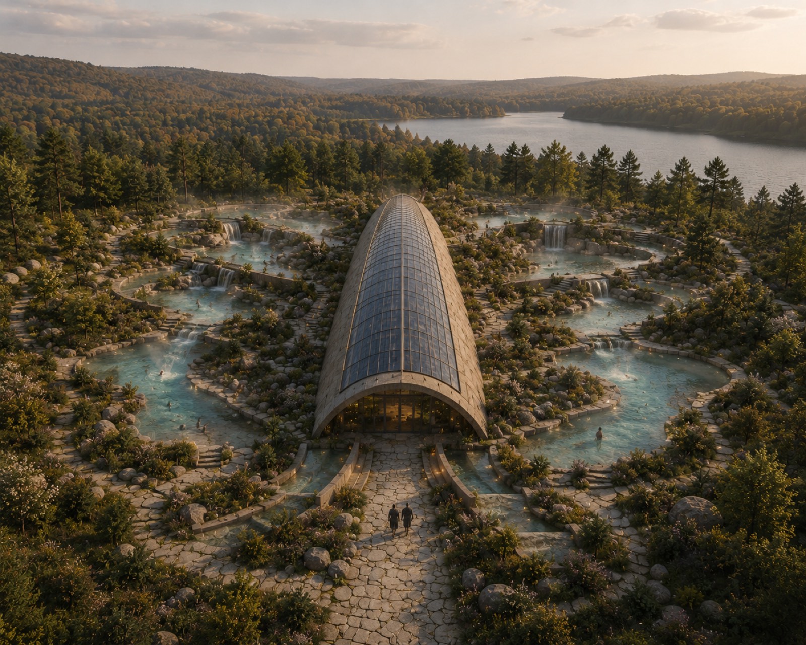 Aerial concept render of the Papilio campus in pine forest beside a lake: the glass compute hall ringed by cascading thermal pools.